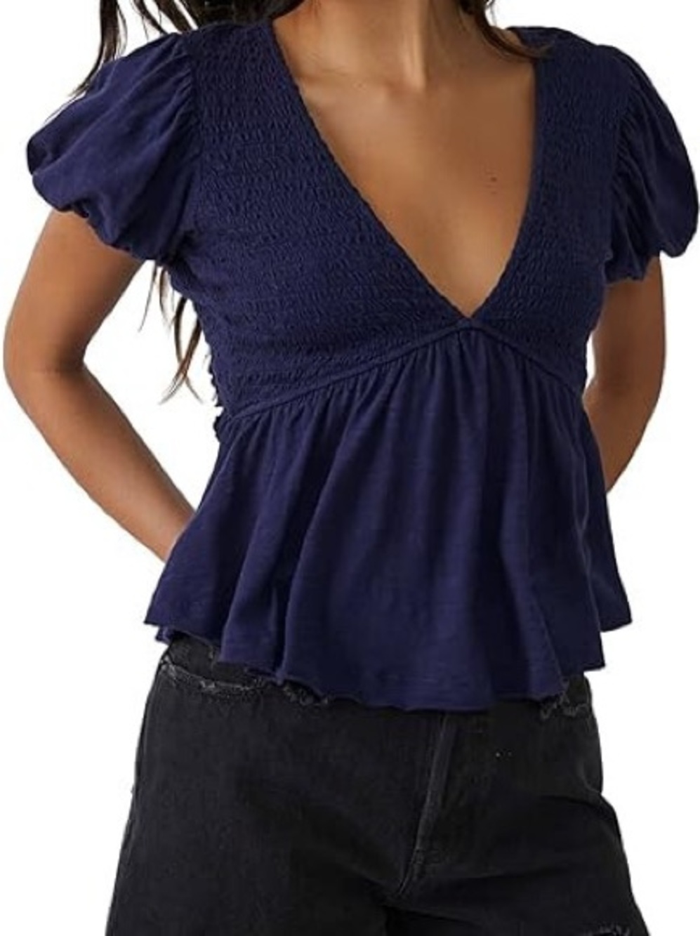 Free People Charlotte Smocked Open Tie Back Peplum Top Navy Blue Small